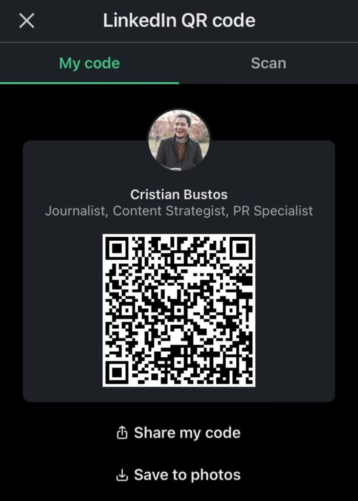 A LinkedIn QR code retrieved on the LinkedIn app