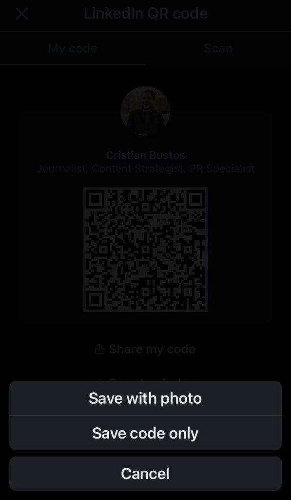 Options to save a LinkedIn QR code retrieved on the LinkedIn app