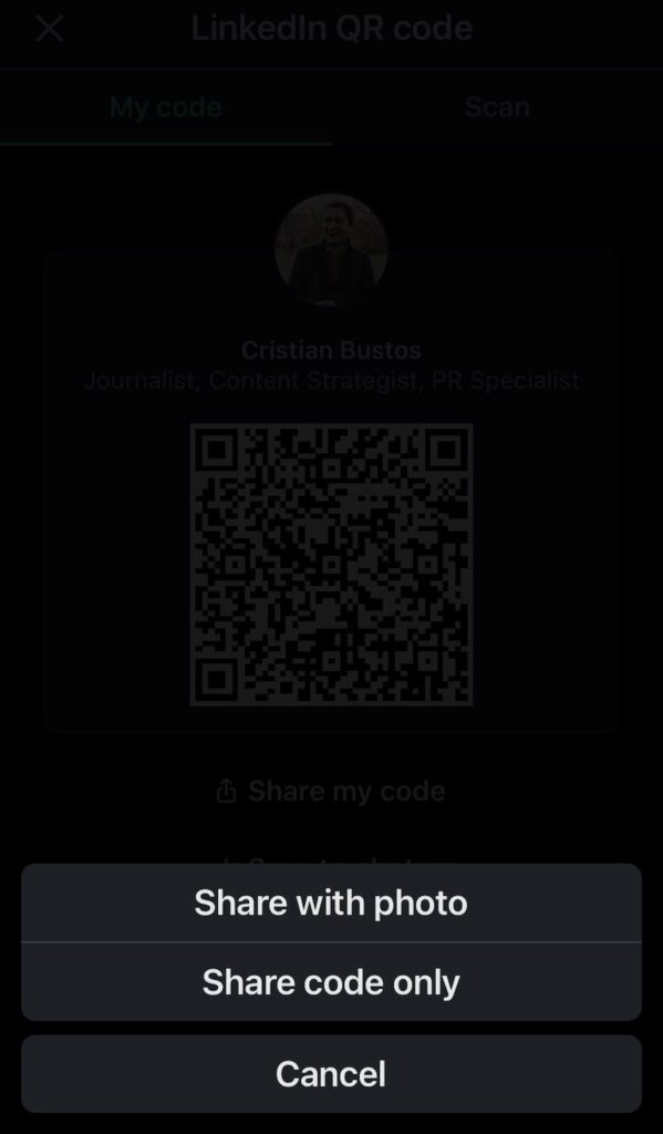 Options to share a LinkedIn QR code from the LinkedIn app
