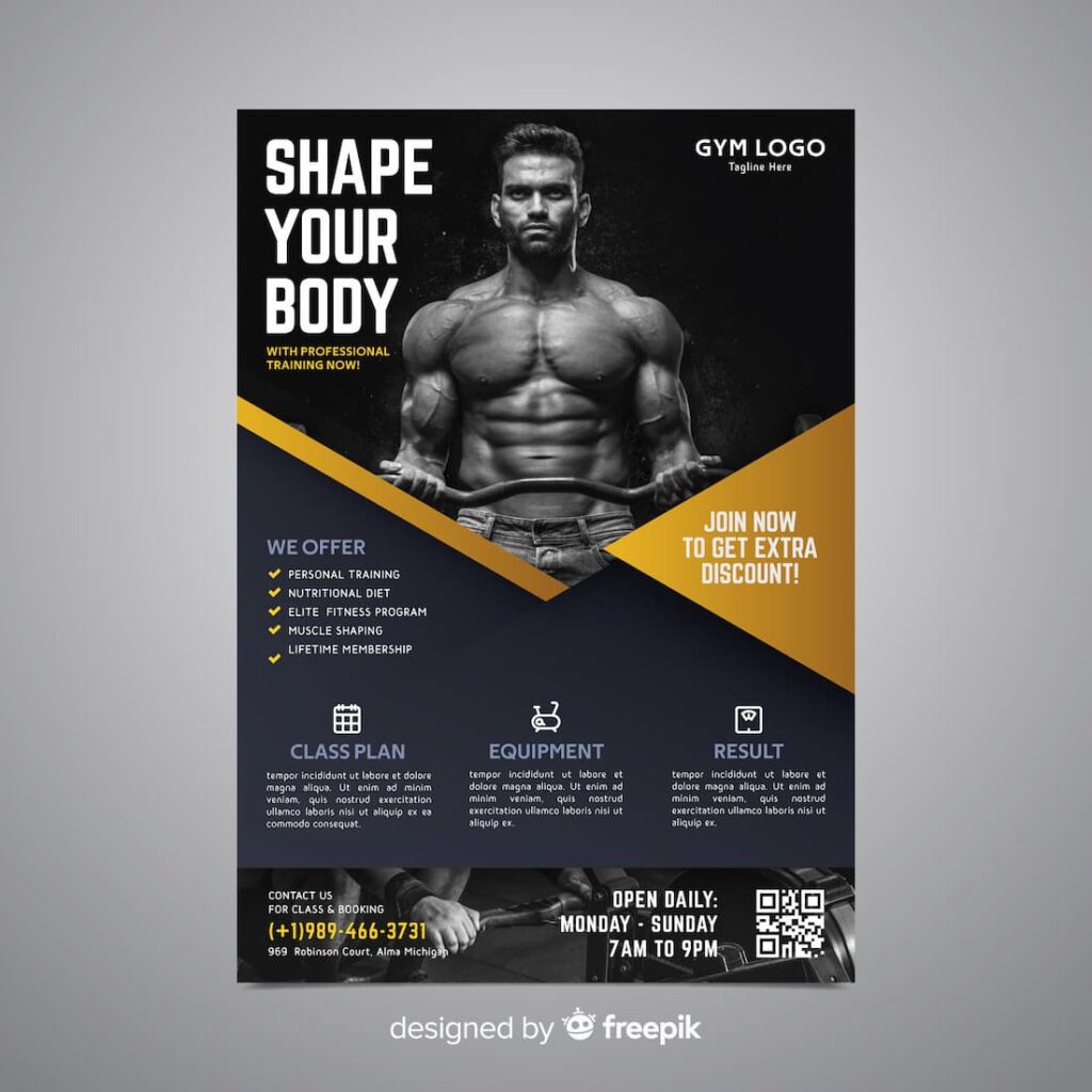 A poster with a QR code for a gym's marketiong campaign depicting different plans, equipment, and prices