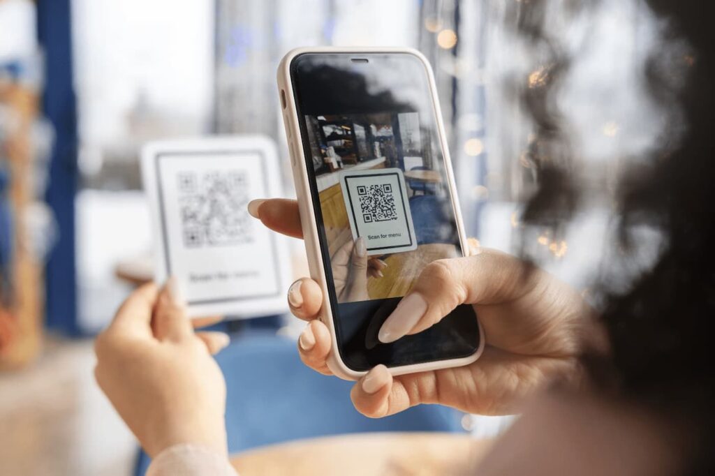 Woman doing a QR code test with a smartphone from a specific distance