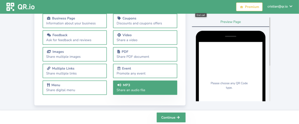 Instructions on how to create a music qr code from the QR.io dashboard and a preview of the QR code design